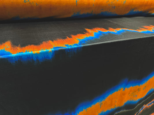 Disco stretch single jersey fabric, per metre - volcano ombré print - black blue & orange