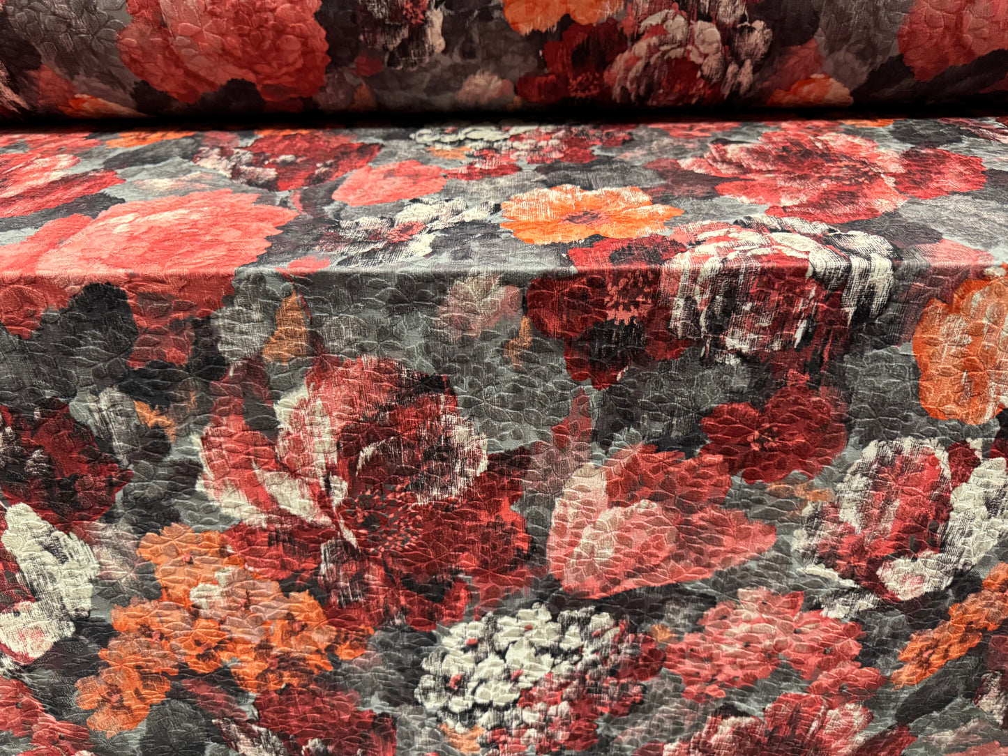 Stretch spandex jersey jacquard fabric, per metre - artistic wild rose print - grey & pink