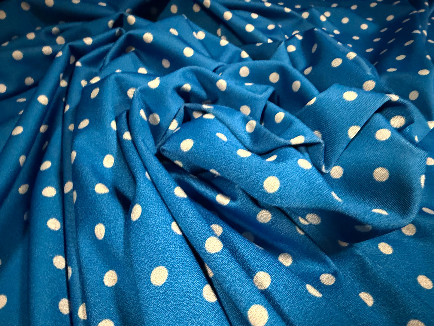 Stretch spandex crepe jersey fabric, per metre - polka dot print - blue & light grey