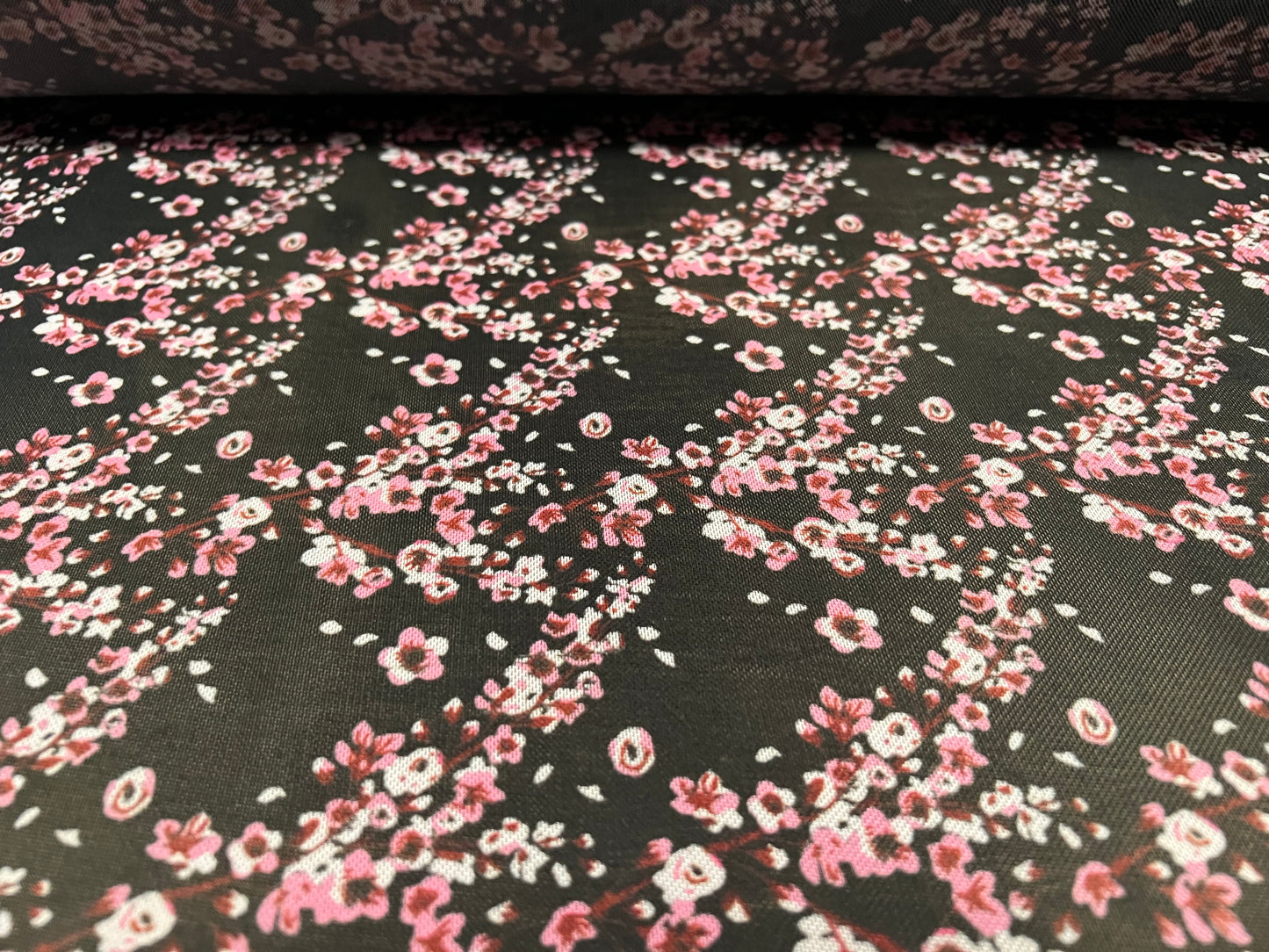Power mesh net sheer stretch spandex fabric, per metre - Ditsy flower print - black & pink