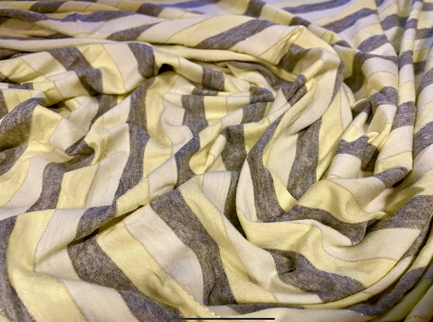 Viscose spandex stretch single jersey fabric, per metre - metallic lurex stripe - lemon & grey marl