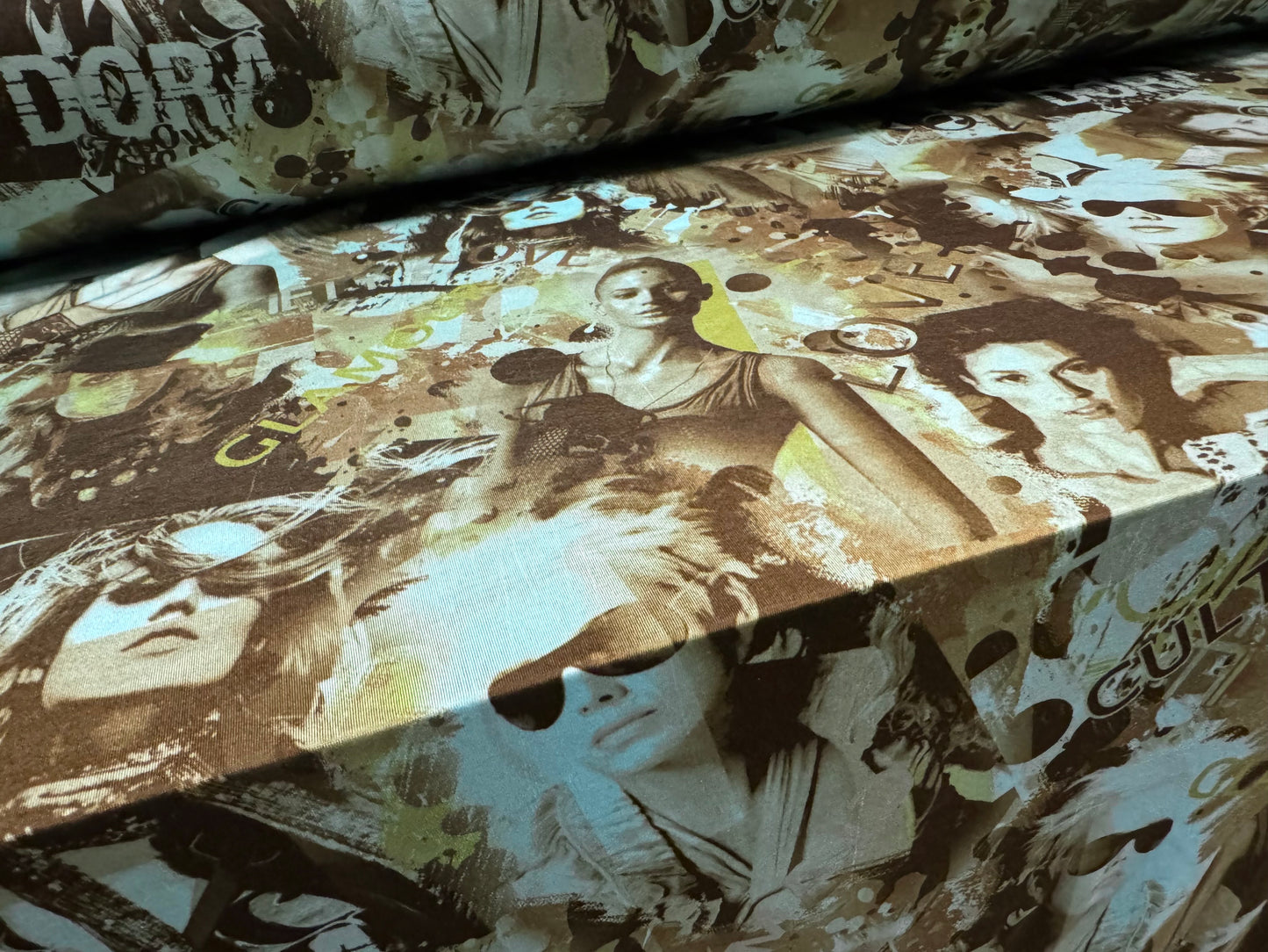 Stretch spandex single jersey fabric, per metre - Supermodel print - turquoise & brown