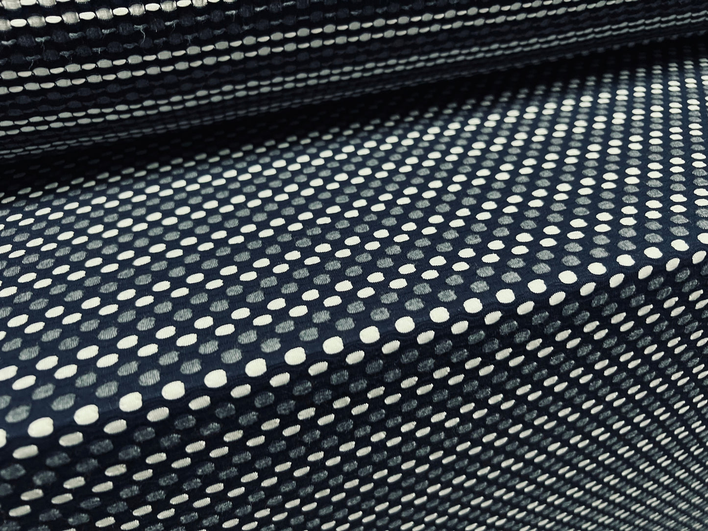 Stretch double jersey fabric, per metre - dobby stripe jacquard - navy blue & white