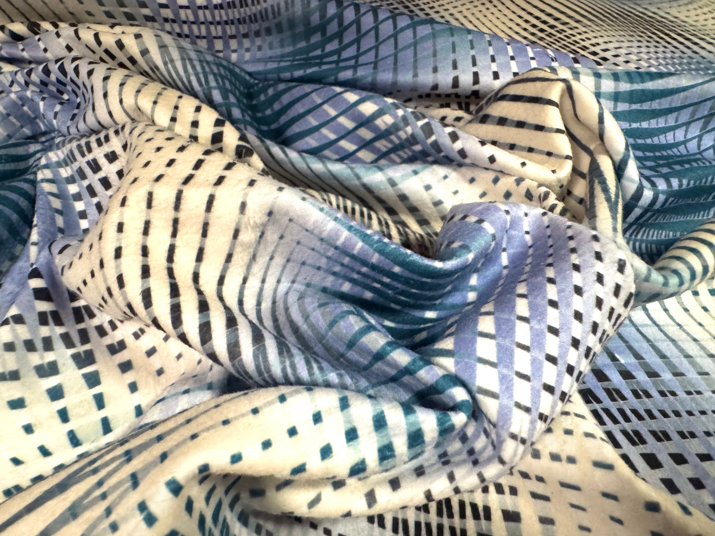 Polar fleece fabric, per metre - psychedelic print - blue & cream