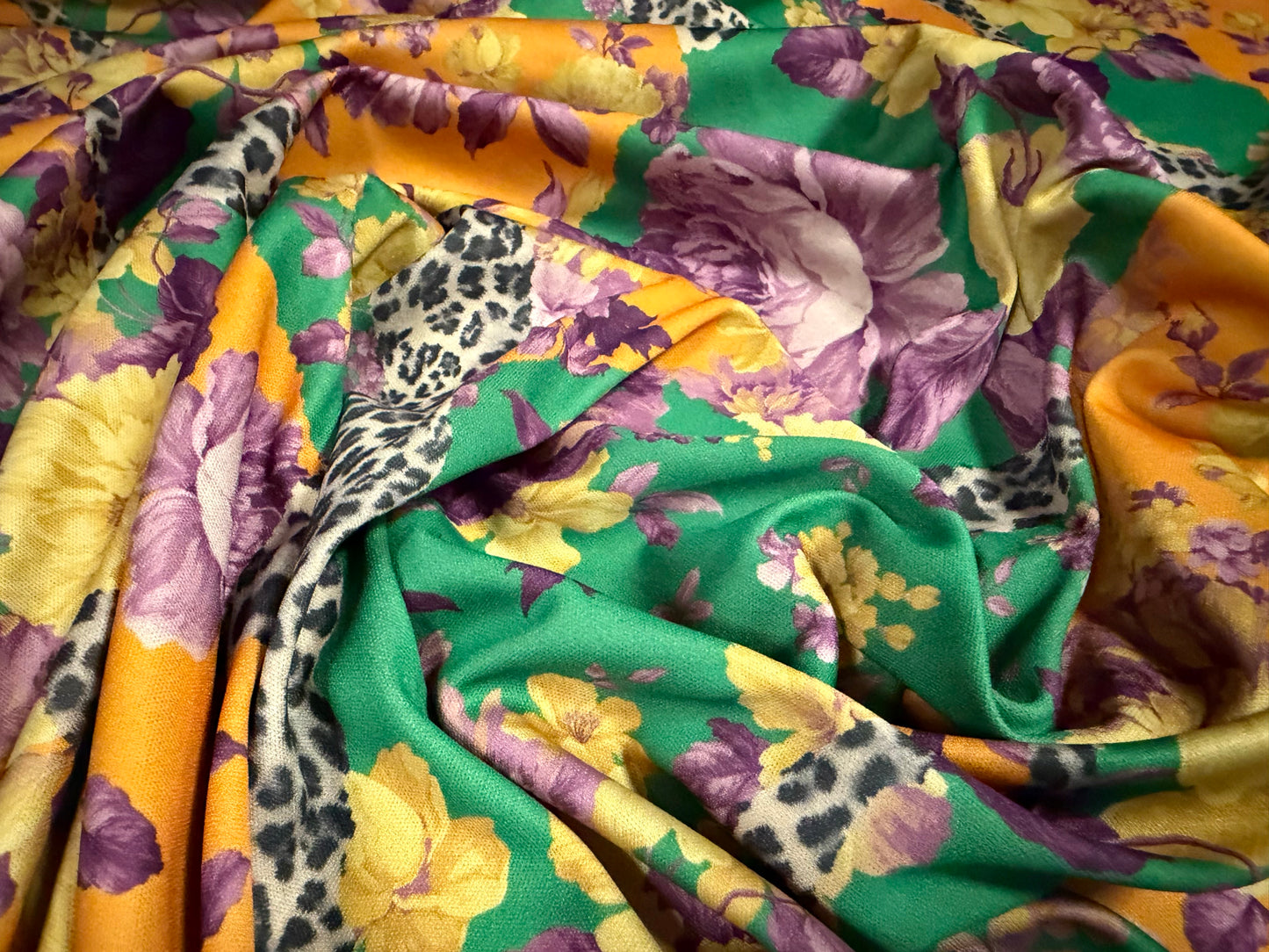 Single jersey fashion fabric, per metre - flowers & animal print - green orange & purple