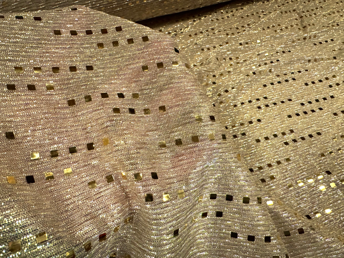 Metallic spangle mesh fabric, per metre - geometric design - gold & beige