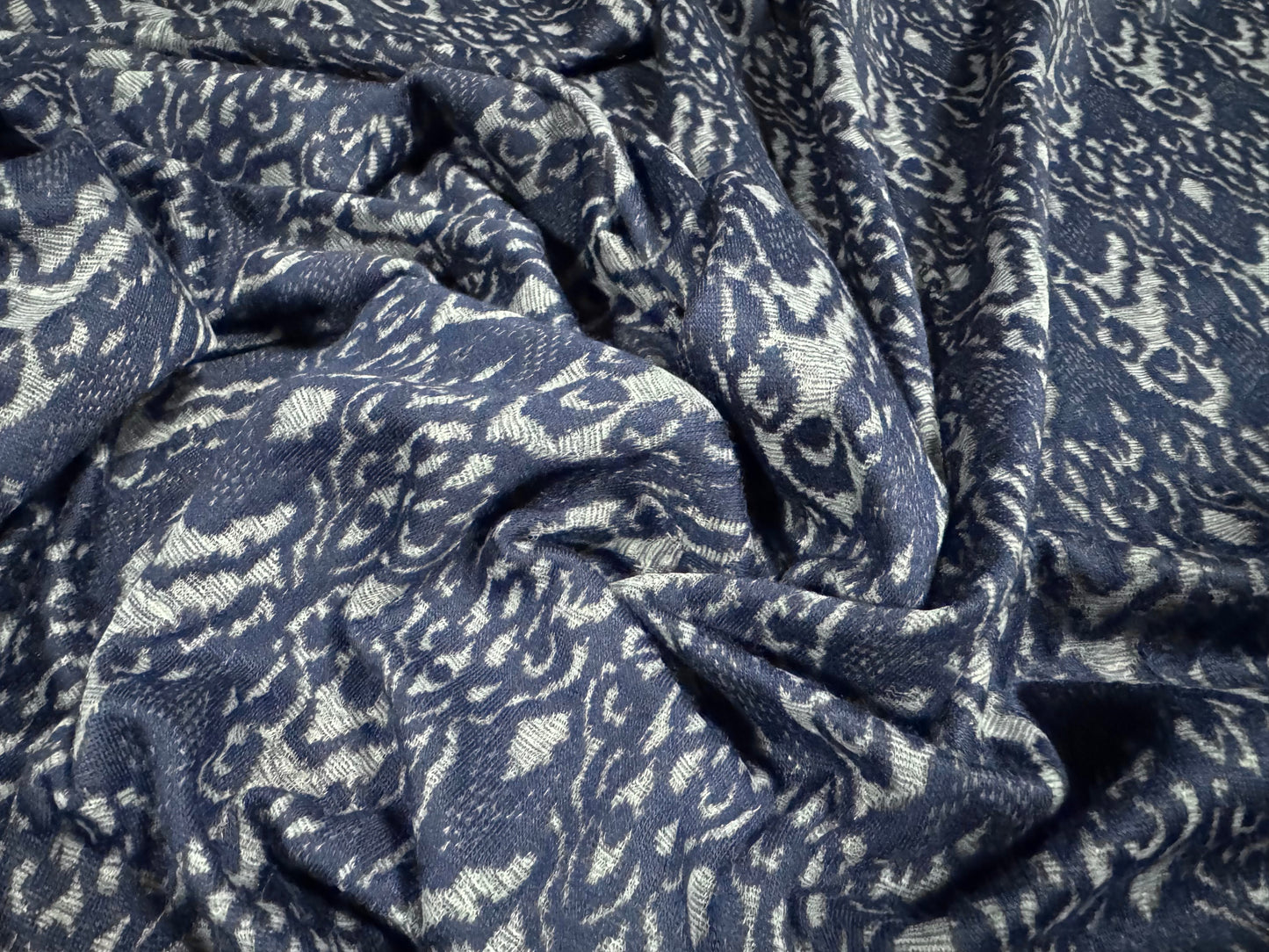 Double jersey knitwear dress fabric, per metre - damask jacquard - blue & grey marl