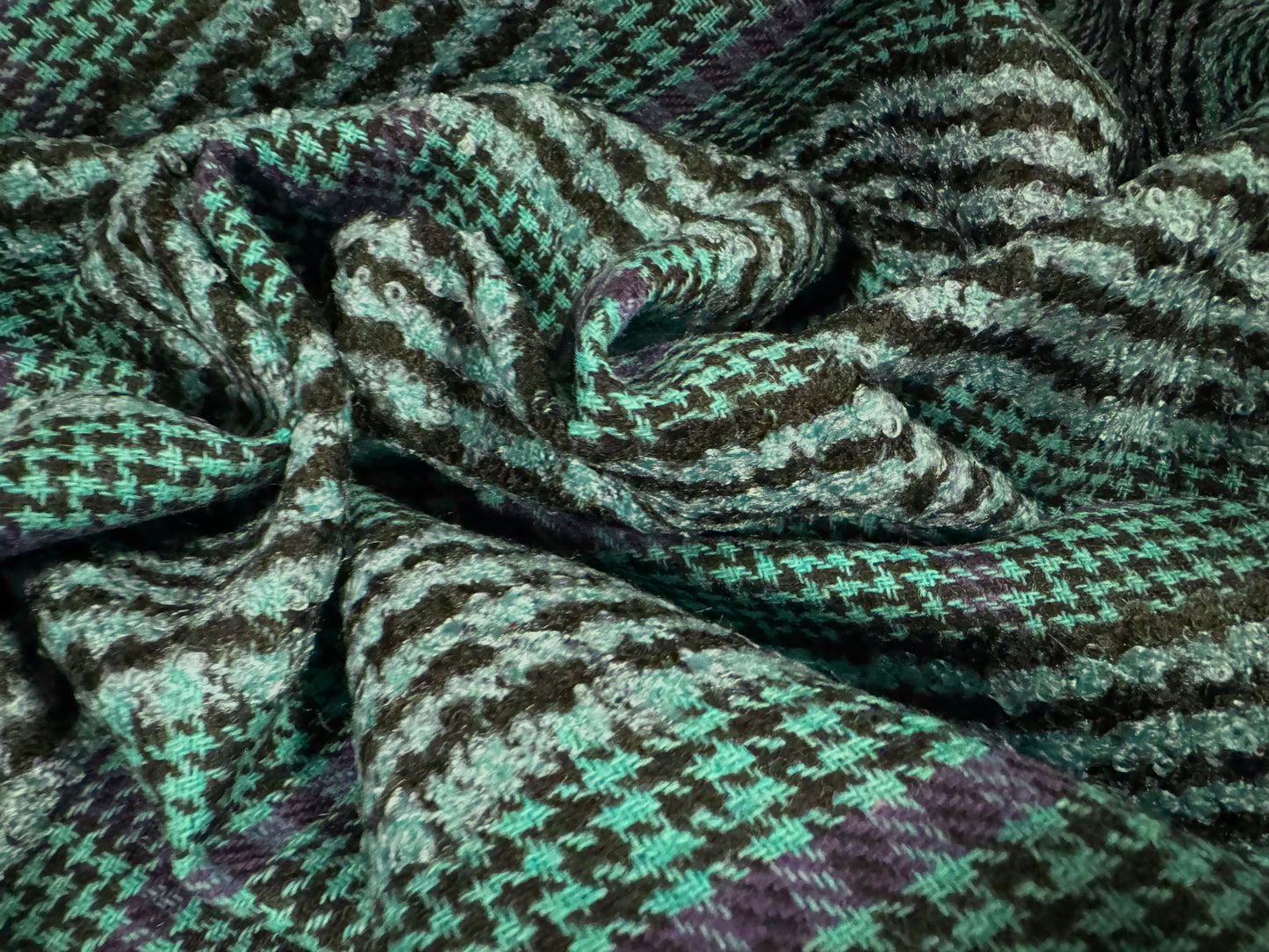 Heavyweight wool bouclé fabric, per metre - plaid - mint green & purple