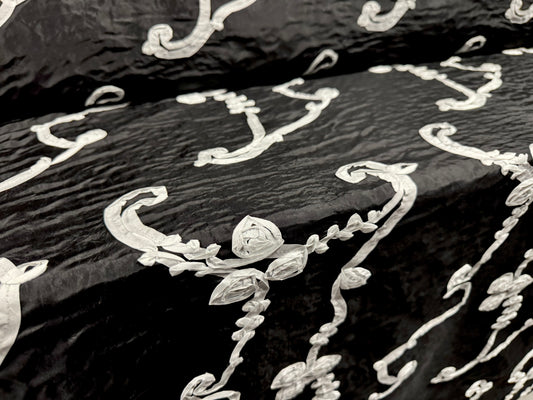 Taffeta faux silk fabric - floral ribbon appliqué - black & white