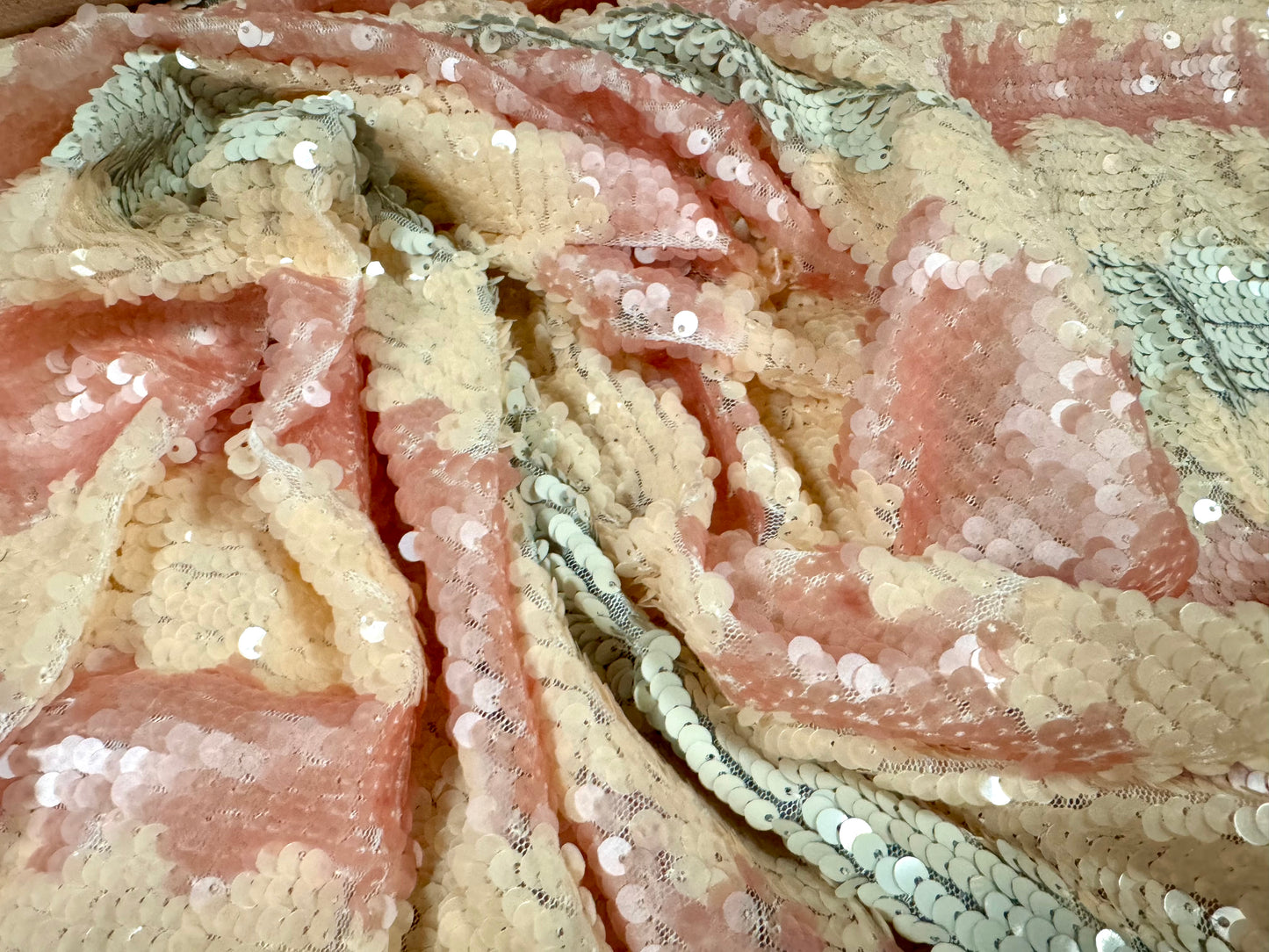 Couture dress fabric with sequins, per metre - stripe - cream & pink