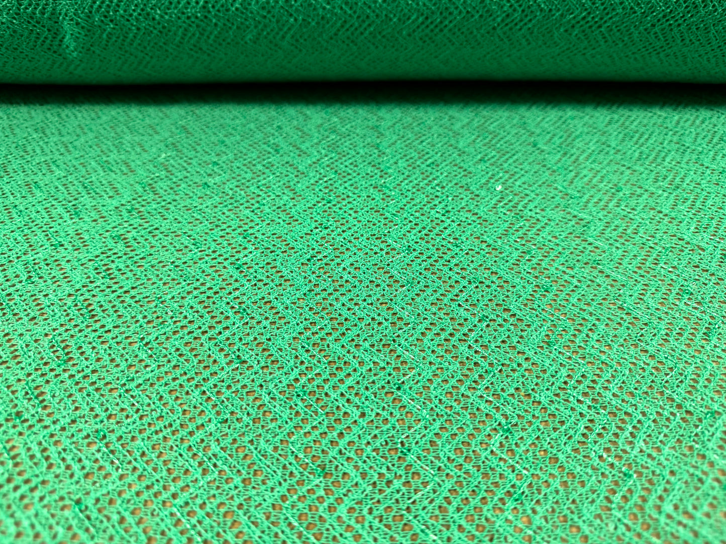 Crochet knit lace dress fabric with sequins, per metre - chevron - green