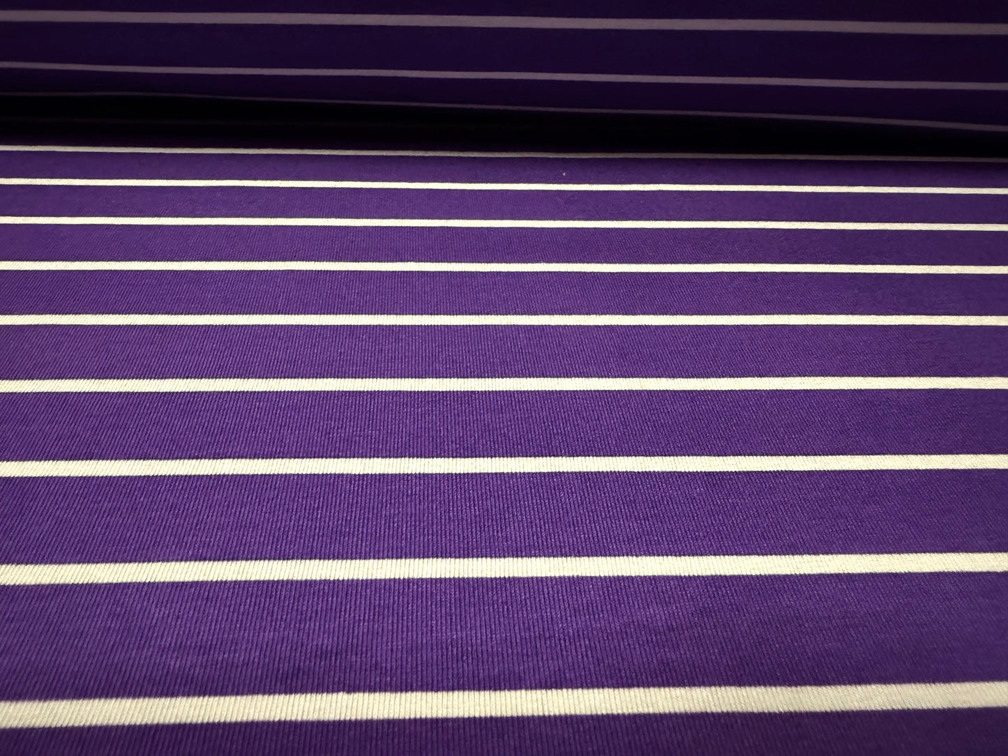 Viscose spandex stretch single jersey fabric, per metre - printed stripe - purple & white