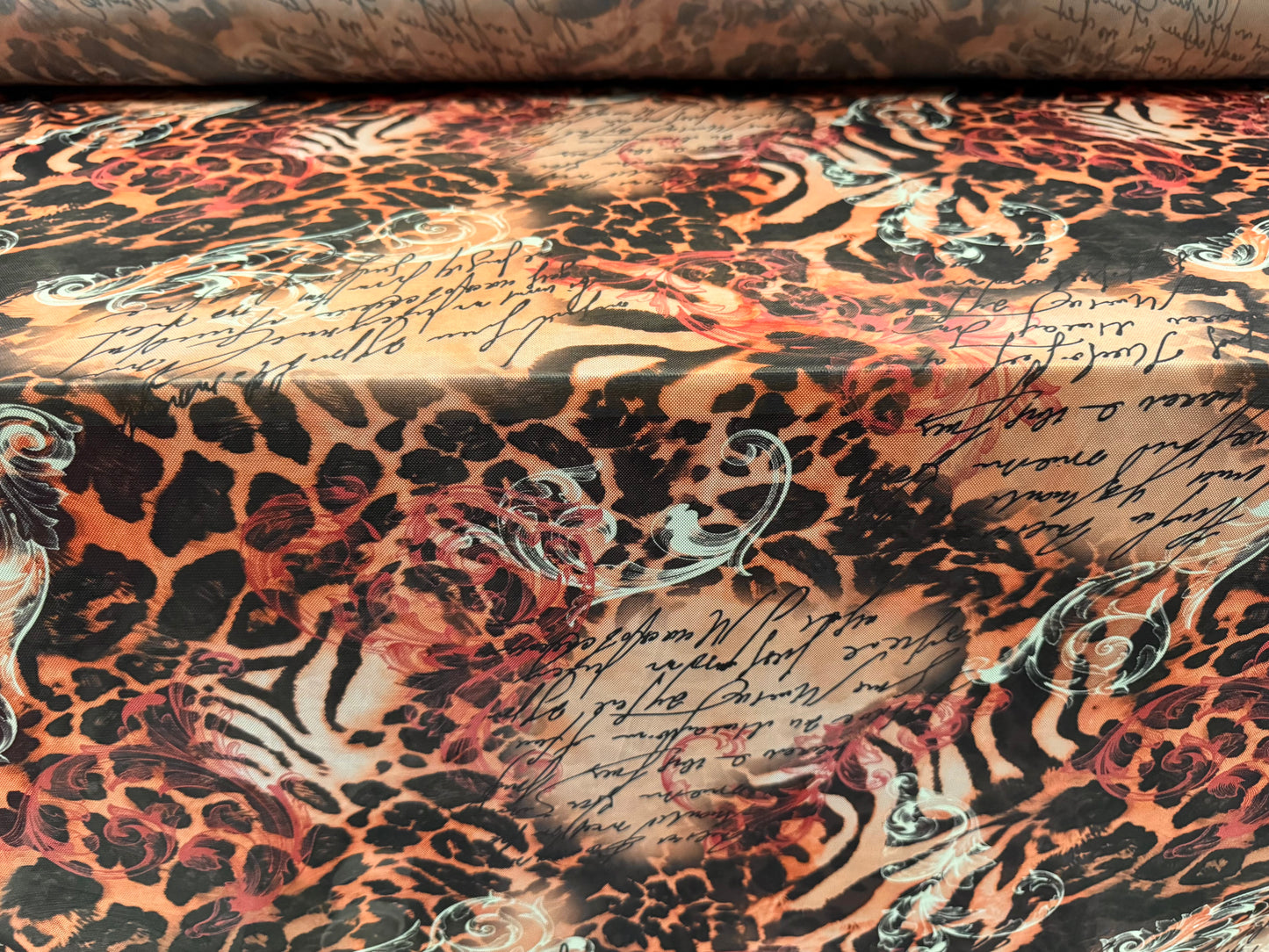 Power mesh net stretch spandex fabric, per metre - leopard & verse print - peach & nude