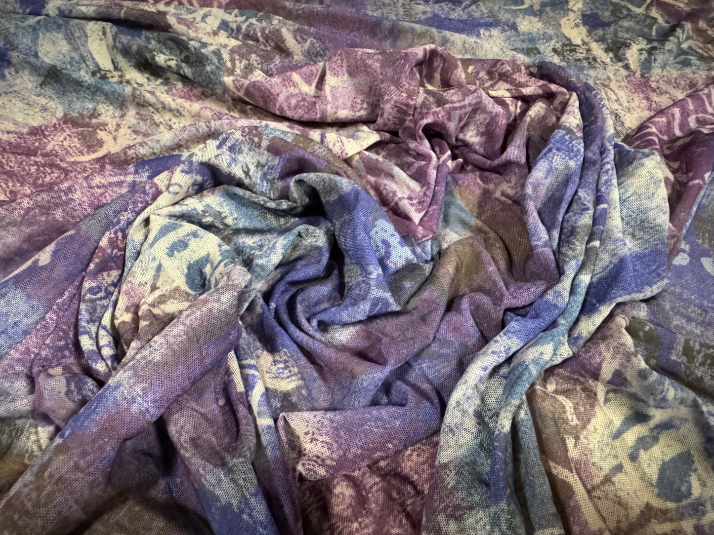 Power mesh net stretch spandex fabric, per metre - urban graffiti print - violet & blue