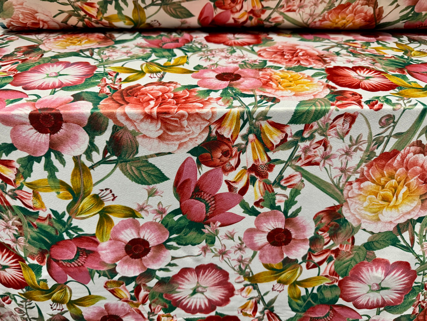 Stretch spandex crepe single jersey fabric, per metre - flower emporium print - pink & green