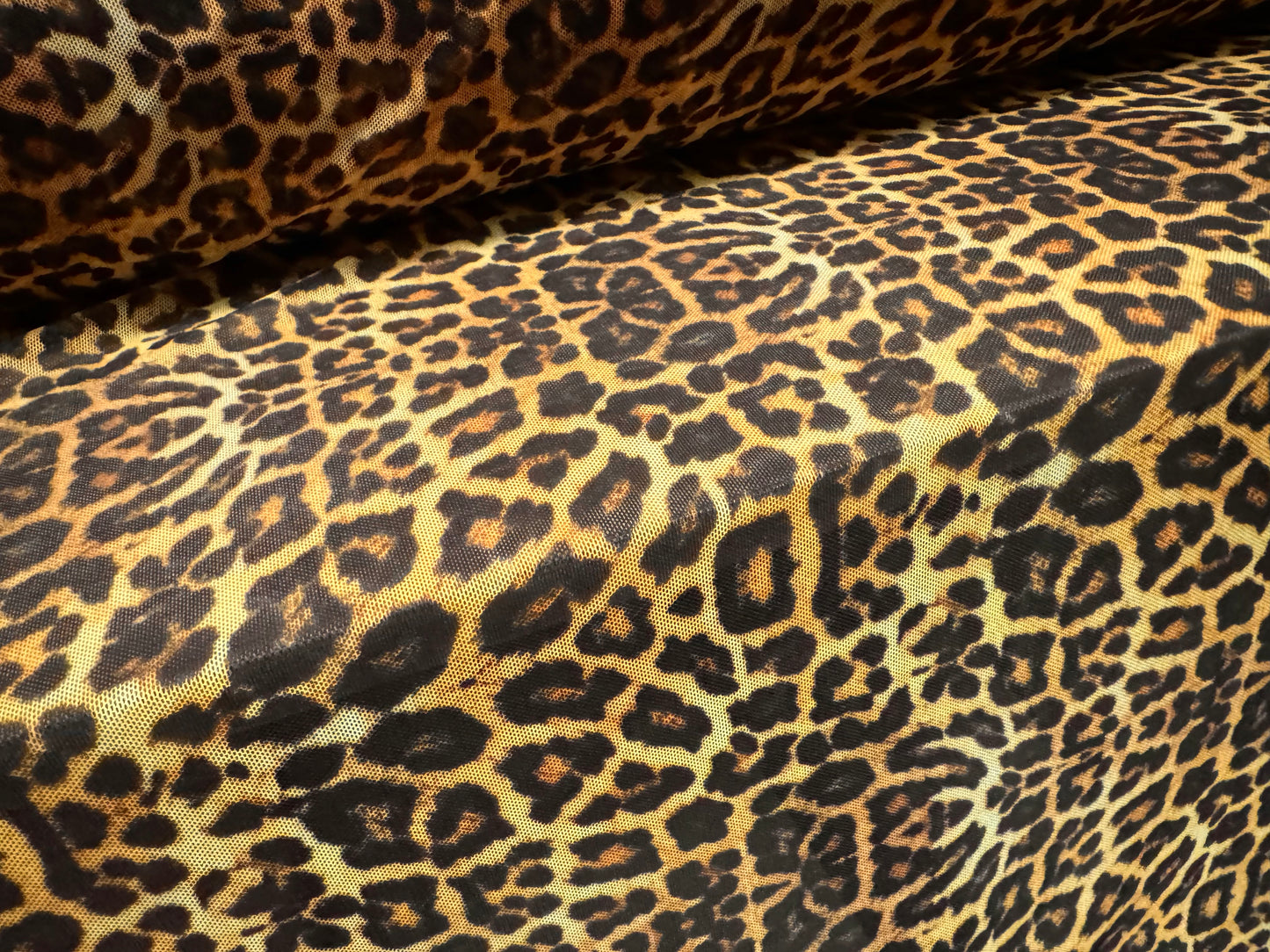 Power mesh net stretch spandex fabric, per metre - leopard animal print - gold & brown