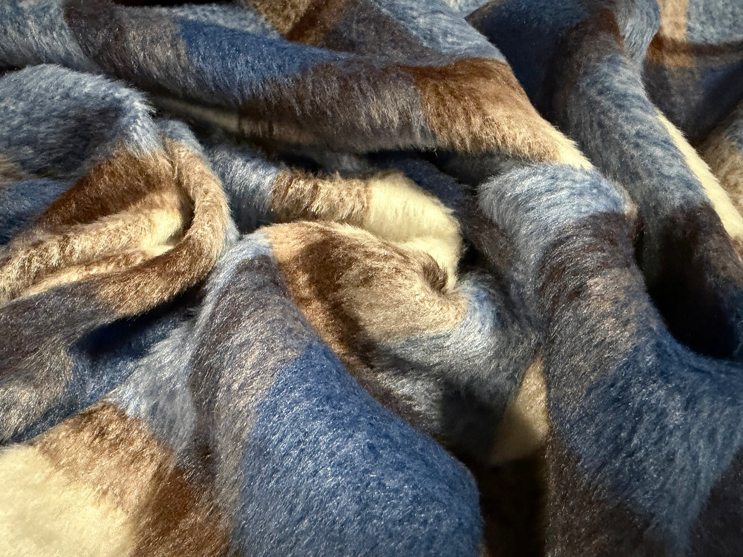 Wool faux fur fabric, per metre - plaid - denim blue cream & brown