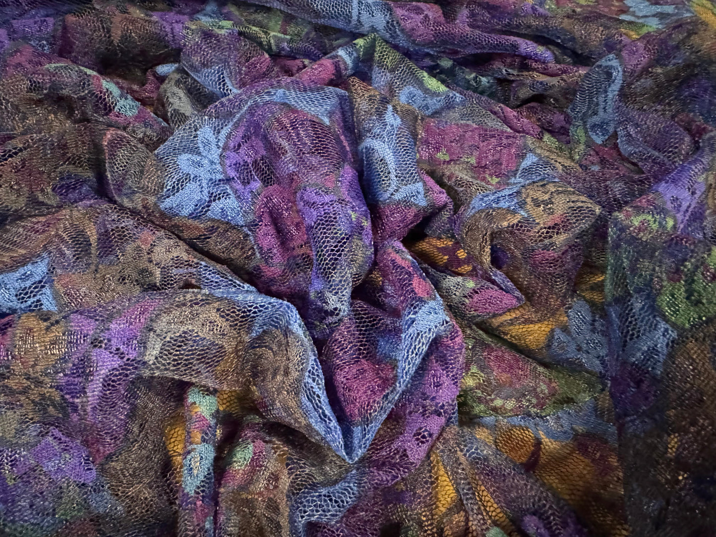 Stretch spandex mesh lace fabric, per metre - flower print - blue purple & green