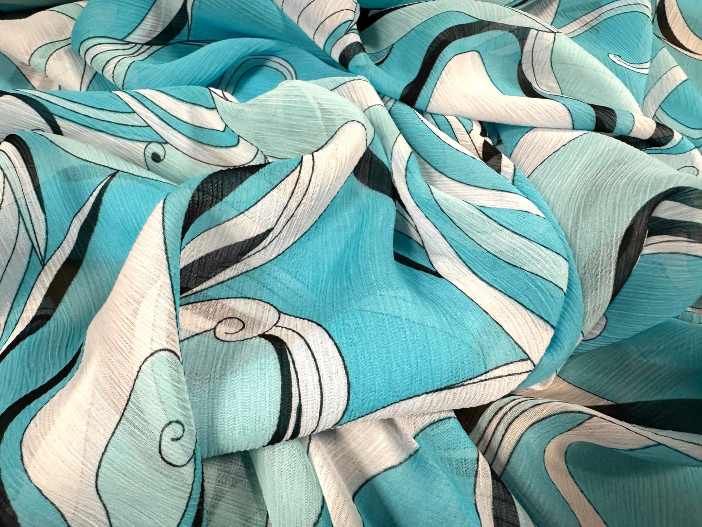 Printed chiffon yoryu dress blouse fabric, per metre - 60s swirl print - Sky blue