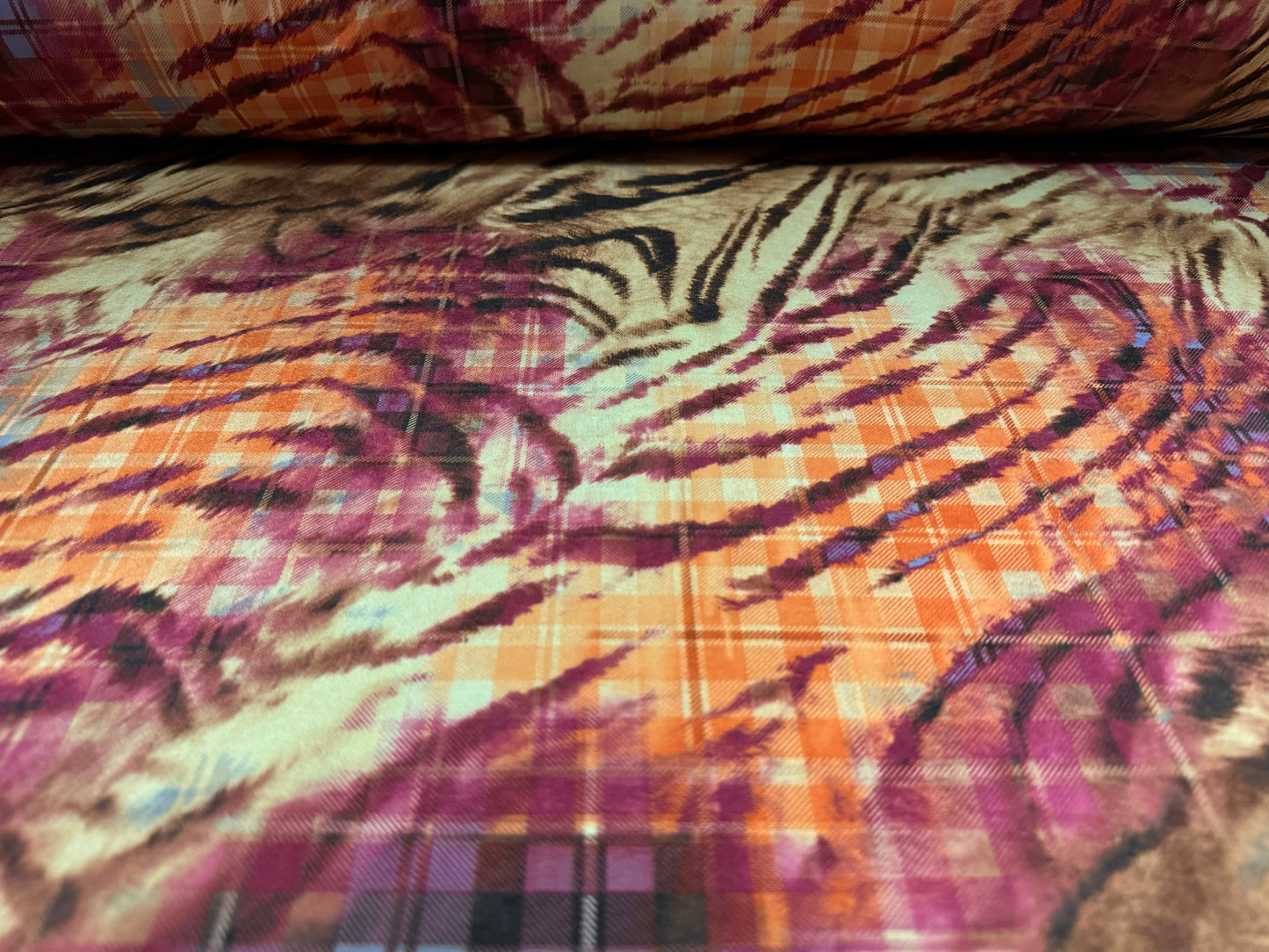 Soft touch stretch spandex single jersey fabric, per metre - tiger tartan print - magenta orange & wheat