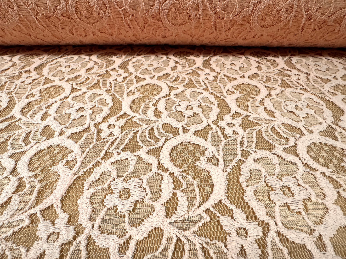 Embroidered cotton lace fabric, per metre - floral design - pink