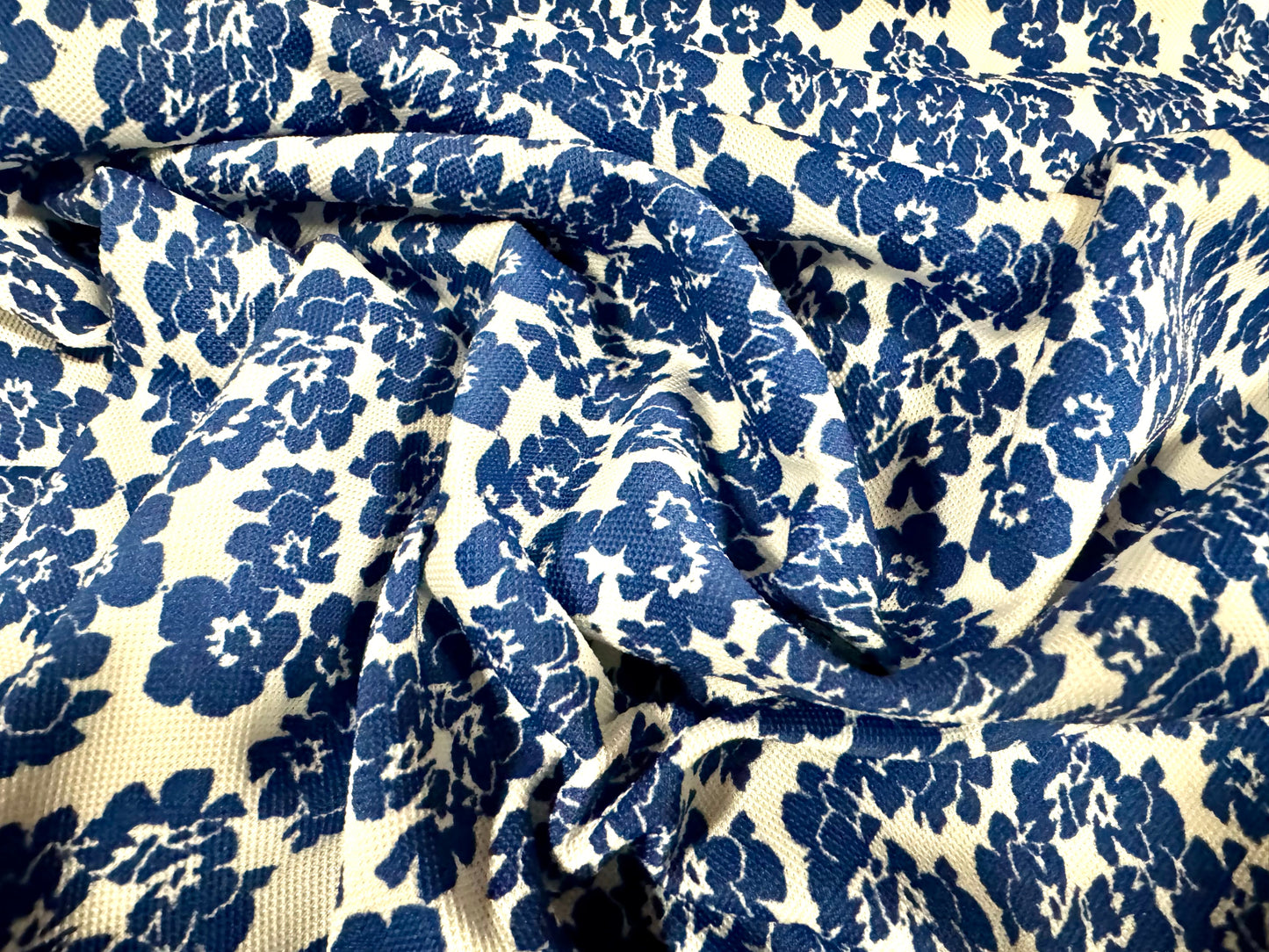 Pique textured jersey fabric, per metre - flower print - blue & white