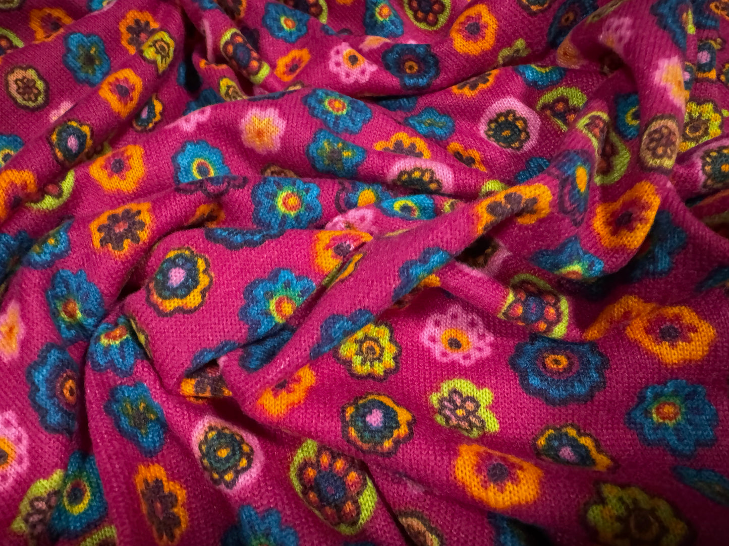 Stretch knitwear jersey fashion fabric, per metre - retro flower print - fuchsia