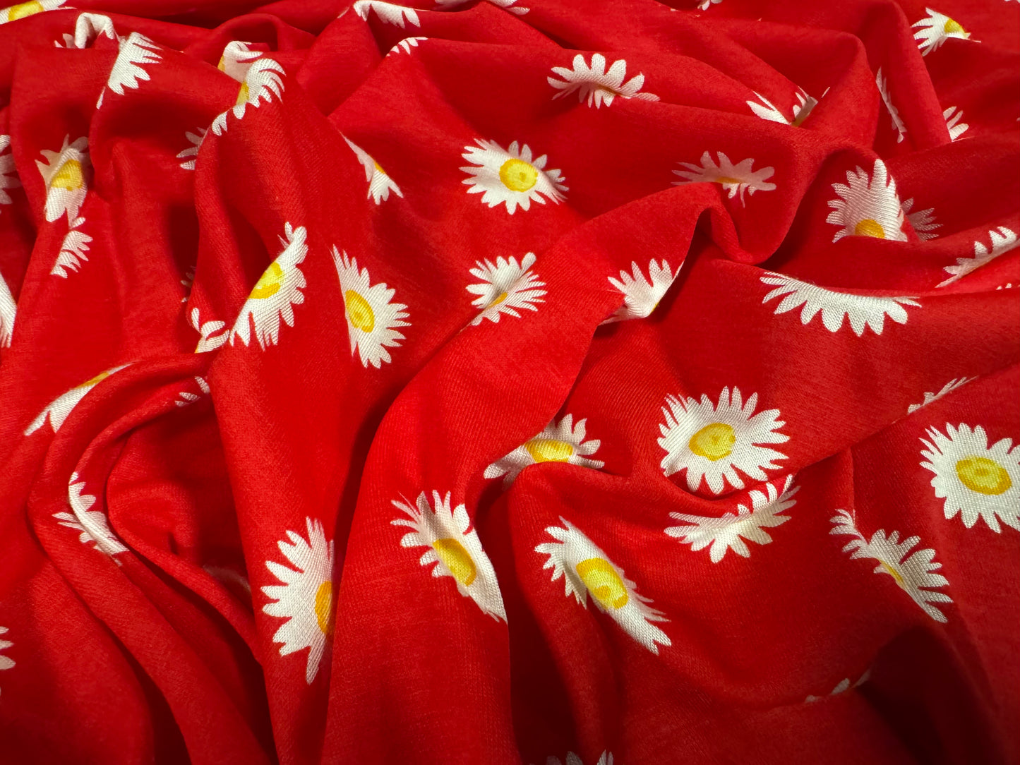 Viscose spandex stretch jersey fabric, per metre - daisy flower print - red