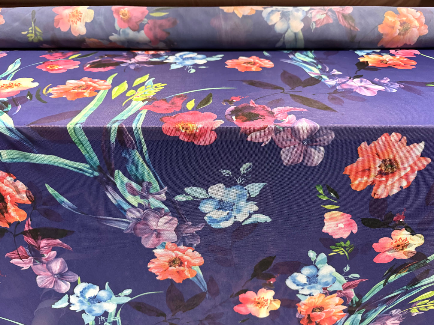 Power mesh net stretch spandex fabric, per metre - orchid flower print - ultramarine