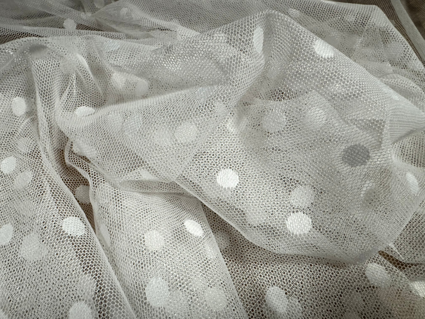 Stretch spandex mesh net fabric, per metre - polka dot - white on white
