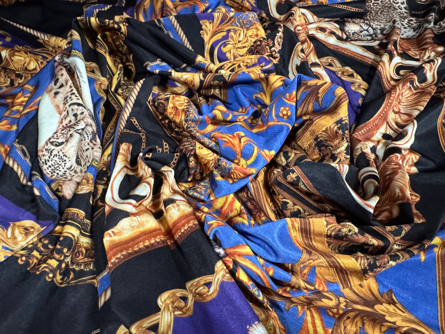 Soft touch stretch spandex single jersey fabric, per metre - designer print - portraits of leopards