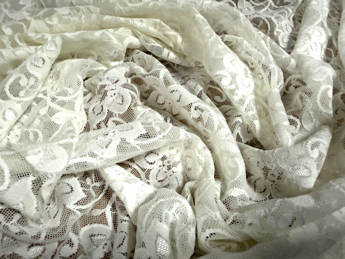 Stretch spandex lace fabric, per metre - floral - cream