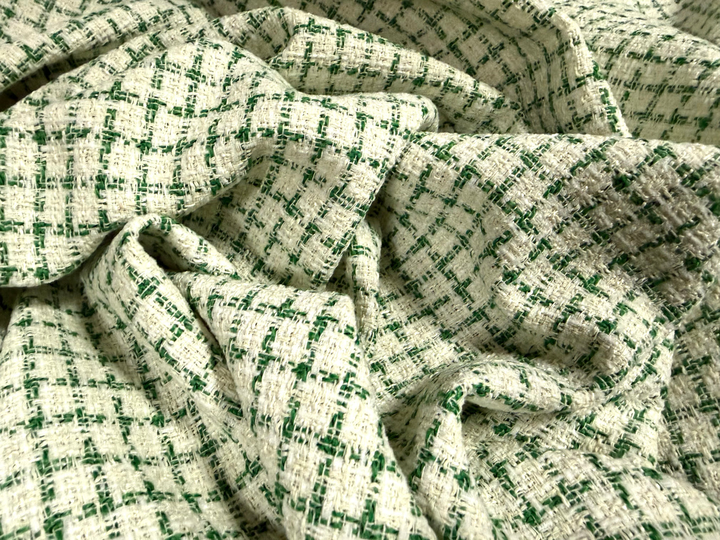 Wool bouclé fabric, per metre - grid check - green & ivory