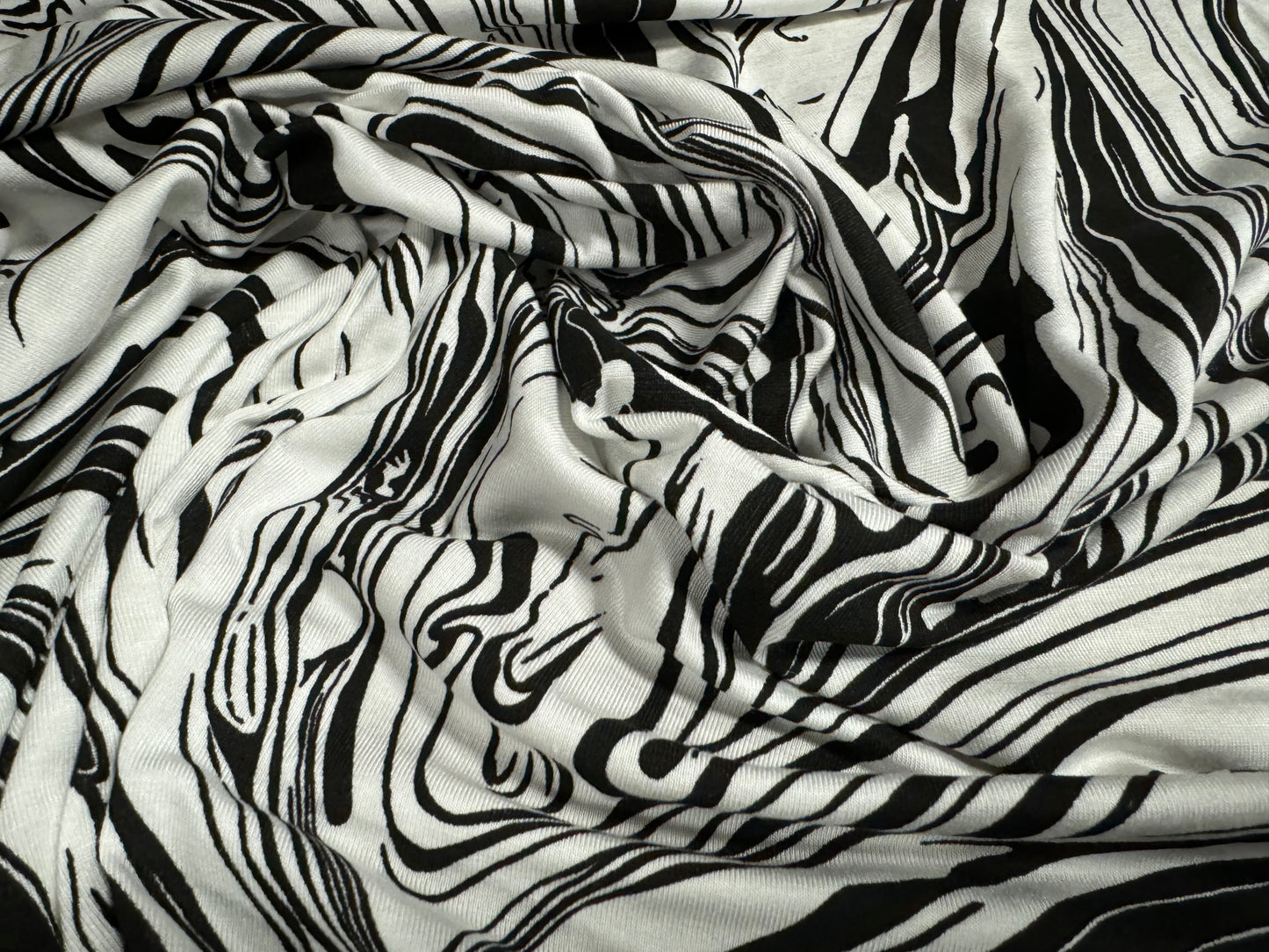Viscose spandex stretch single jersey fabric, per metre - marbled swirl print - monochrome
