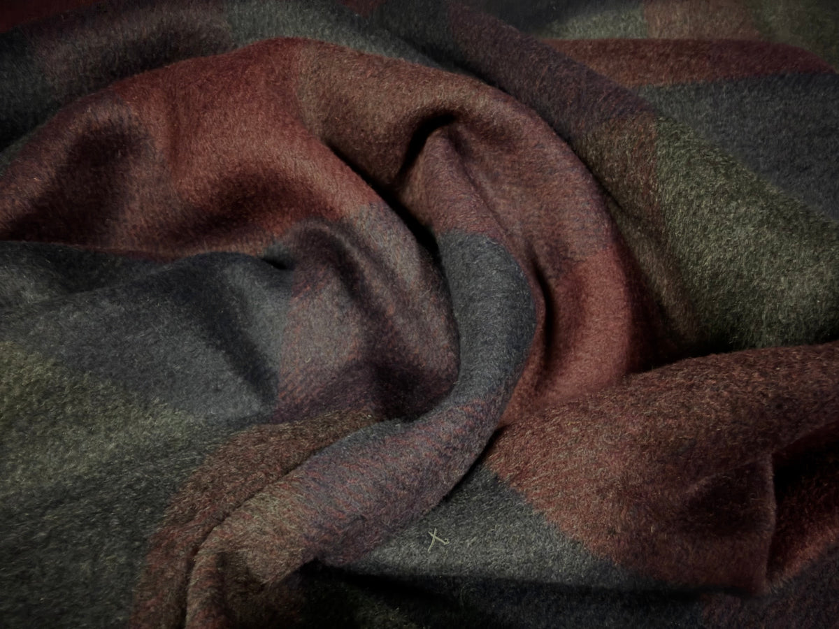 Heavyweight wool flannel coat jacket fabric, per metre - Buffalo check - dark navy burgundy & grey