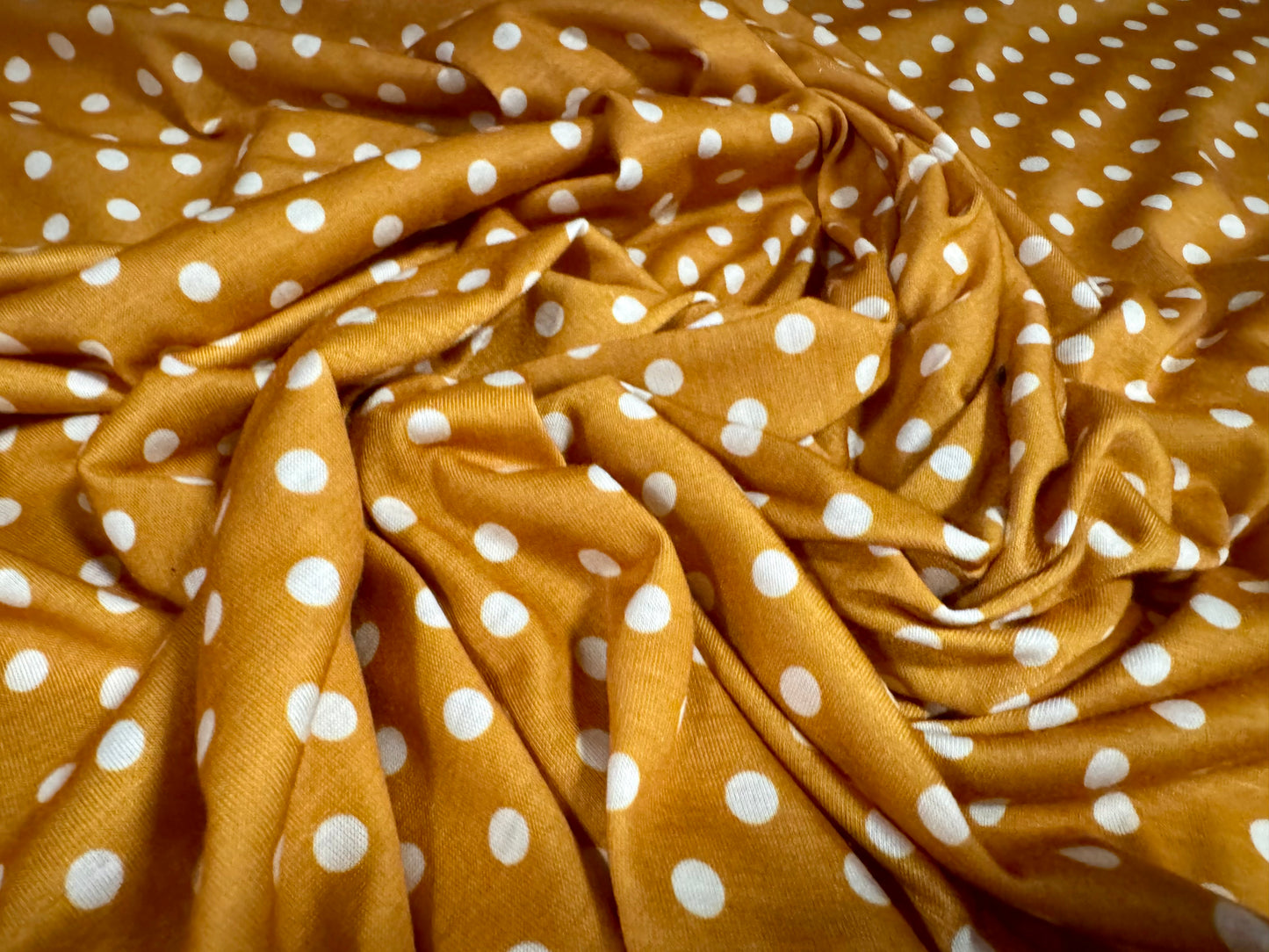 Soft handle single jersey fabric, per metre - spot print - mustard