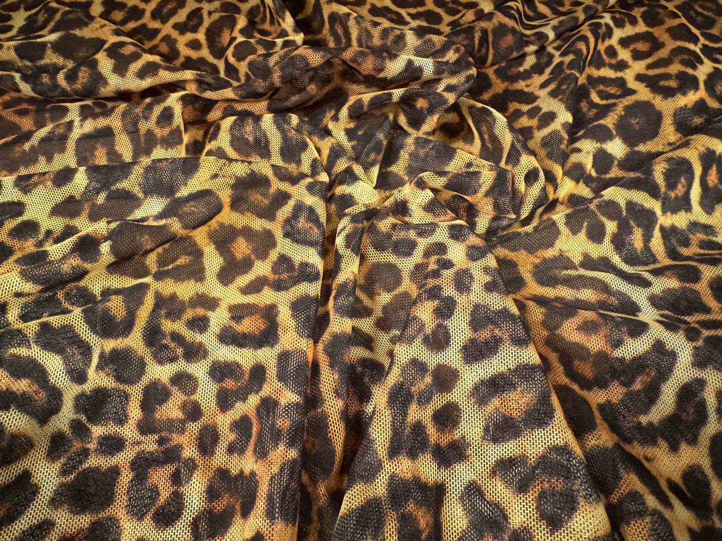 Power mesh net stretch spandex fabric, per metre - leopard animal print - gold & brown