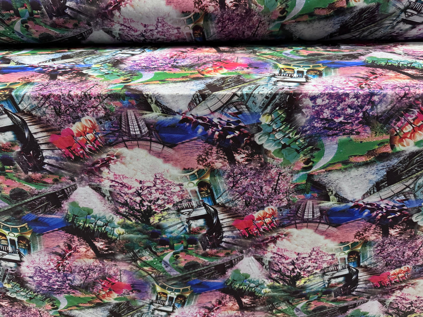 Power mesh net stretch spandex fabric, per metre - Blossom In The City - purple & green