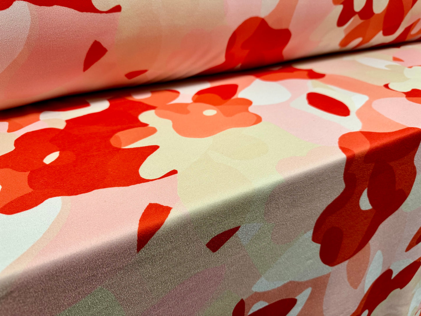 Scuba crepe stretch spandex double jersey fabric, per metre - stylised poppy print - red cream & pink