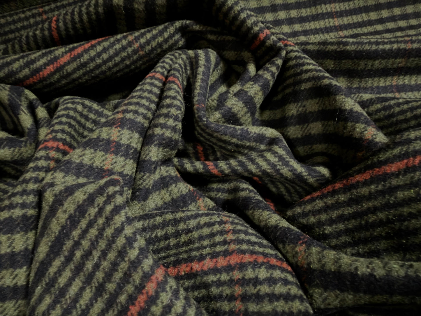 Heavyweight wool flannel coat jacket fabric, per metre - tartan check - dark olive green