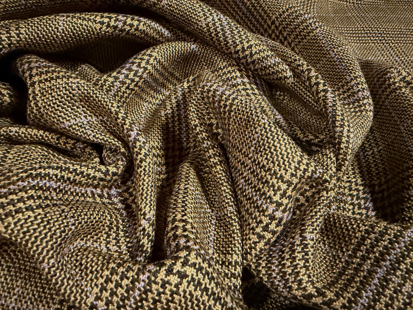 Wool tweed fabric, per metre - dogtooth check - light brown & lilac
