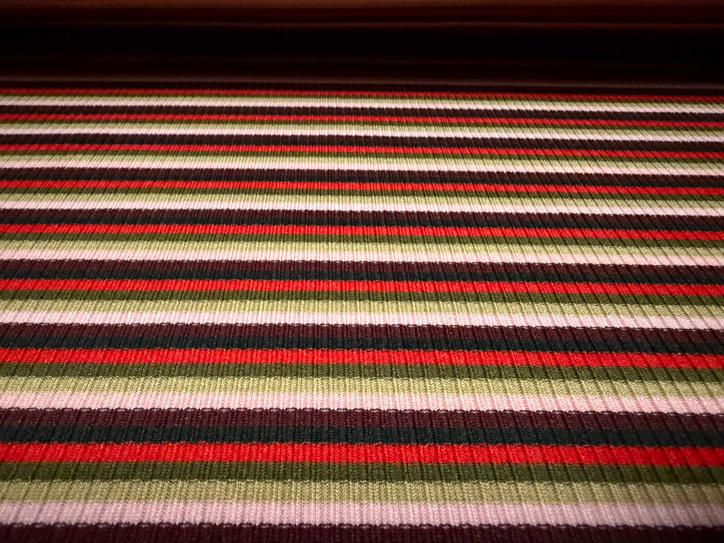Stretch Spandex rib jersey fabric, per metre - stripe - burgundy pink & olive