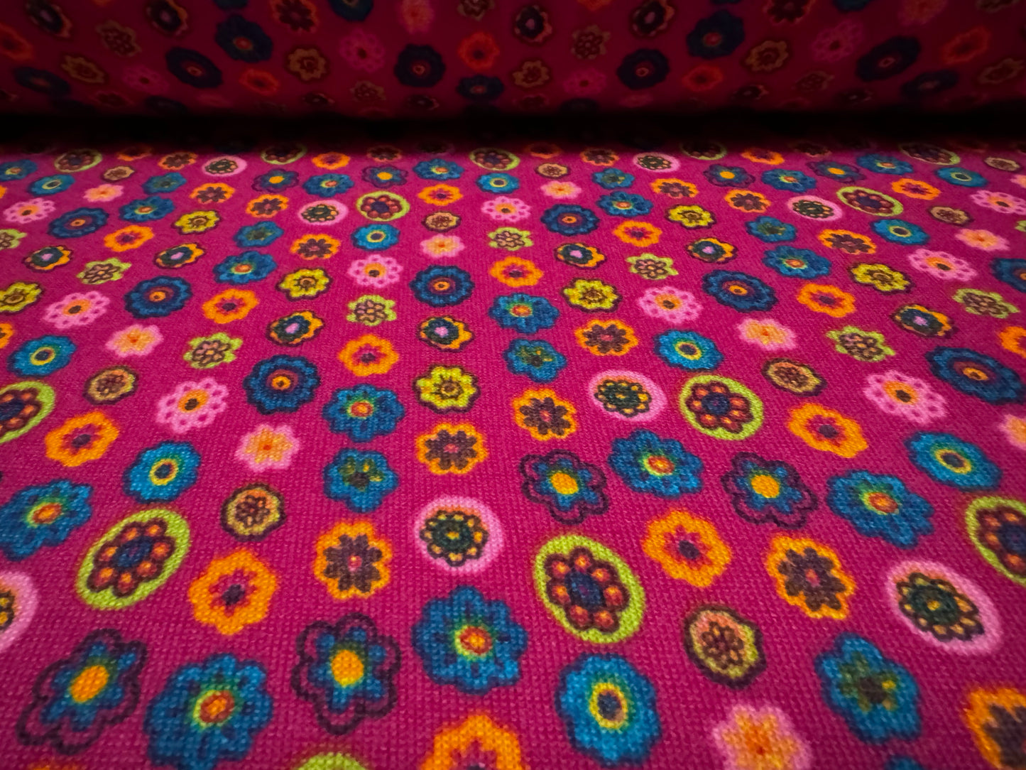 Stretch knitwear jersey fashion fabric, per metre - retro flower print - fuchsia
