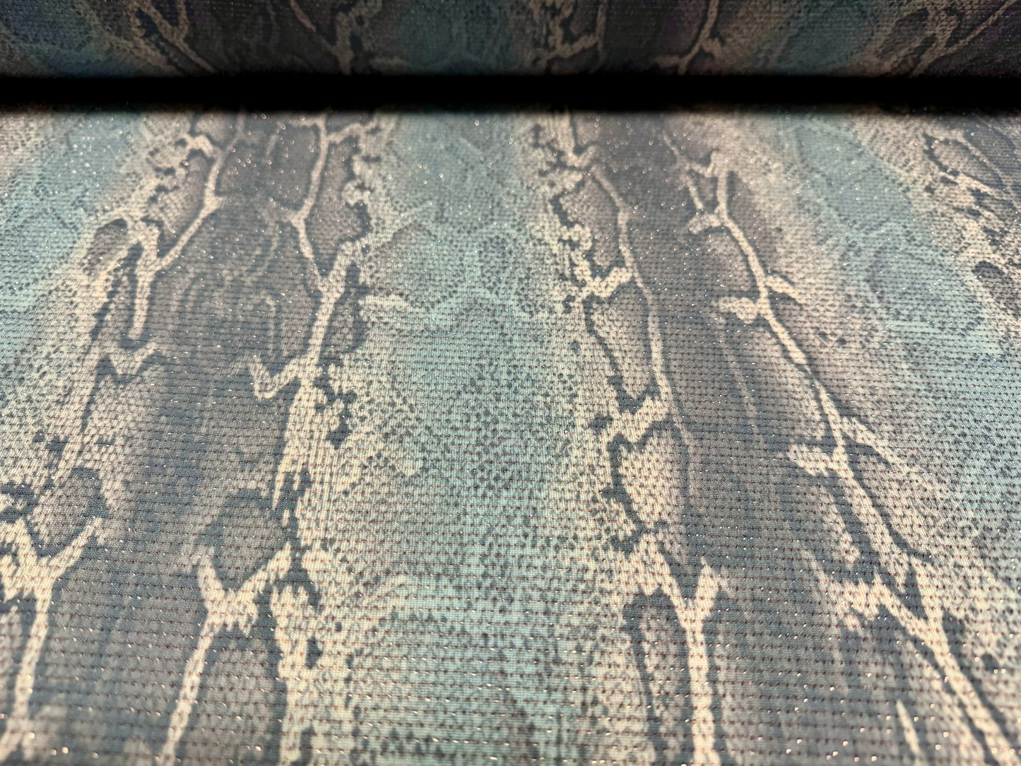 Metallic slinky spandex stretch jersey fabric with gold lurex, per metre - snakeskin animal print - blue grey