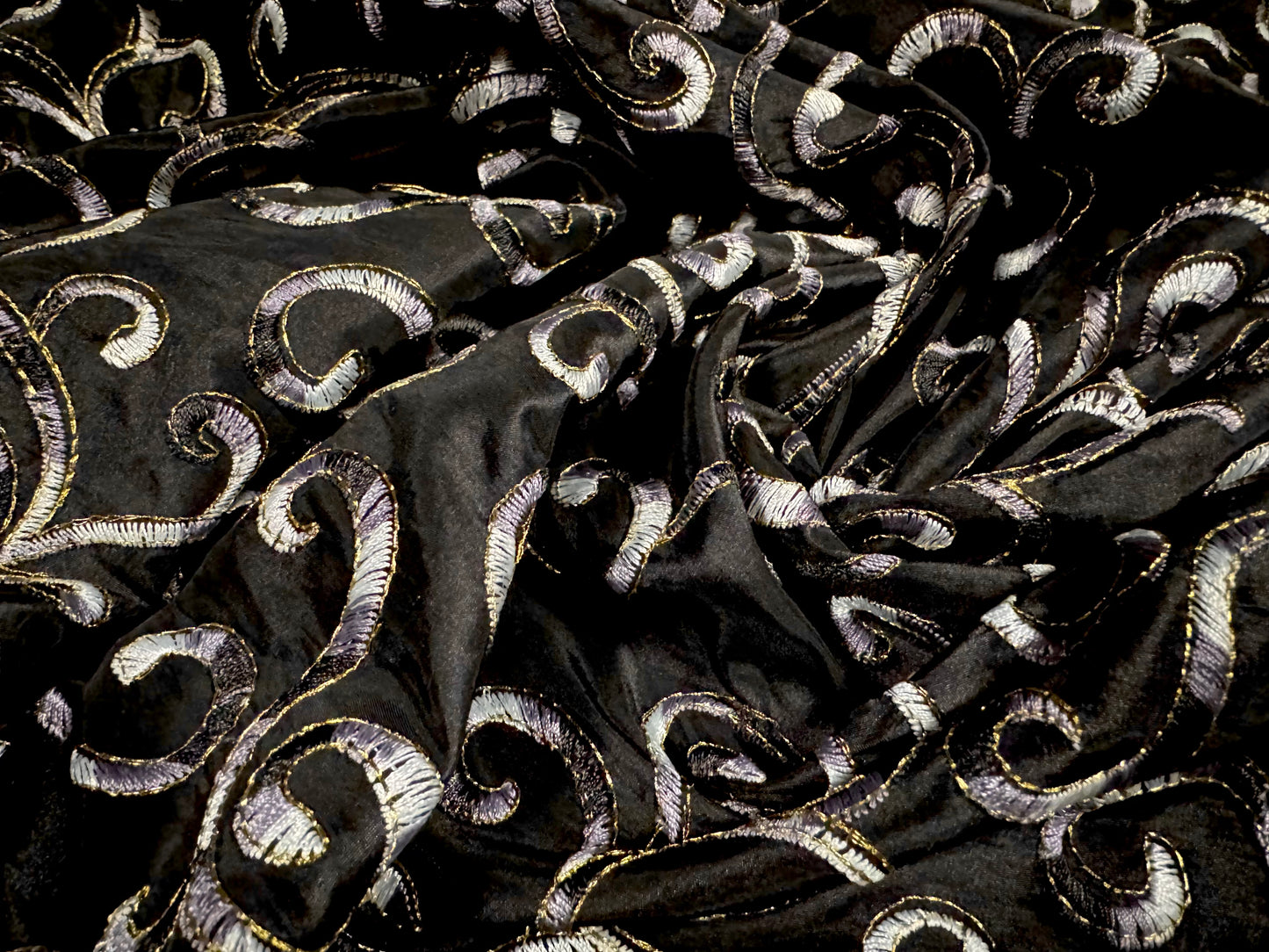 Taffeta faux silk fabric - metallic swirl embroidery - black silver & gold