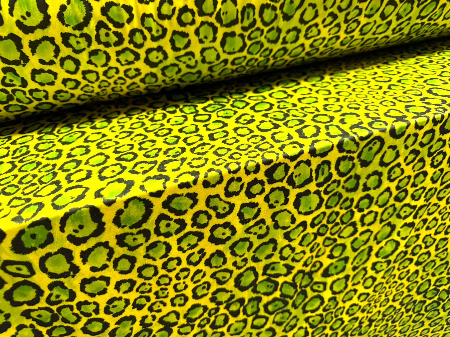Swimwear stretch spandex jersey fabric, per metre - stylised cheetah print - yellow & green