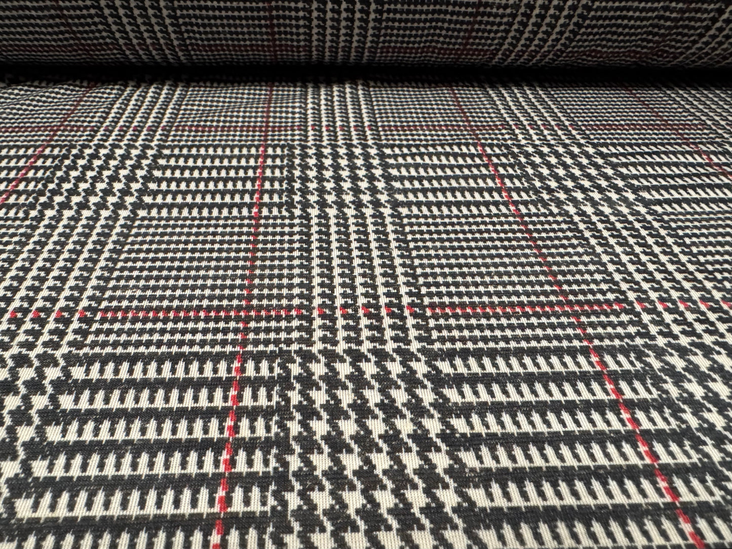 Soft handle single jersey fabric, per metre - dogtooth check print - black ivory & red