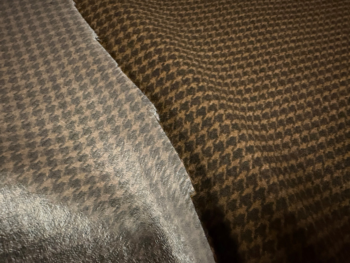 Plastic backed wool tweed fabric, per metre - dogtooth check - brown