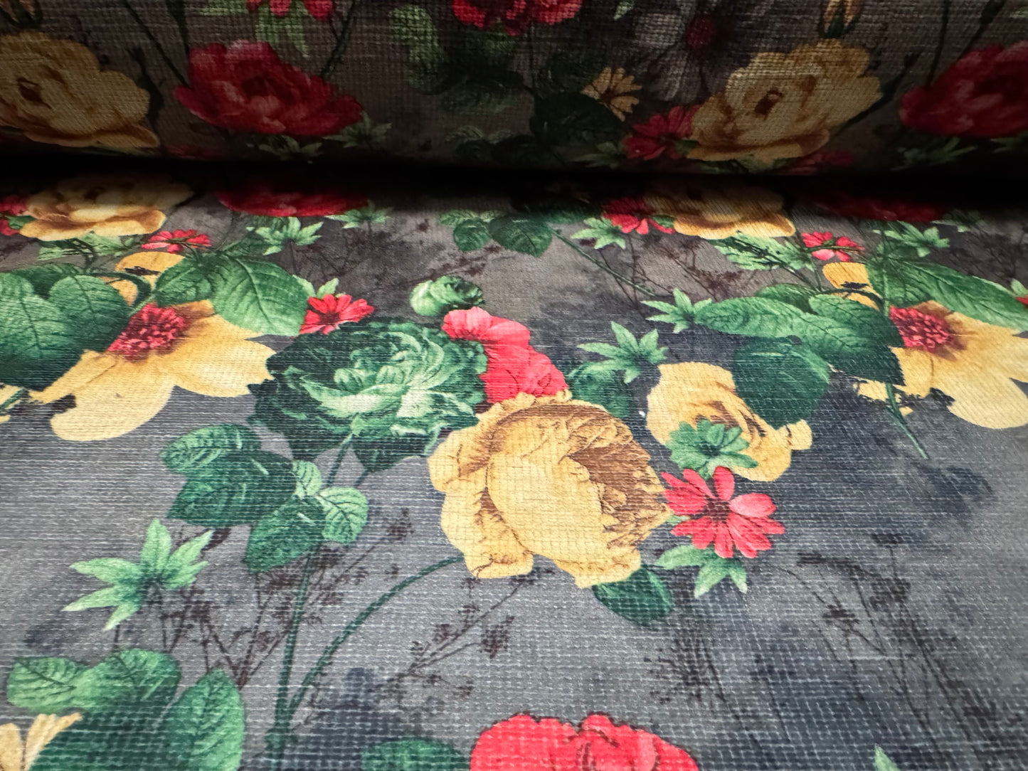 Chenille upholstery fabric, per metre - roses print - grey red & gold