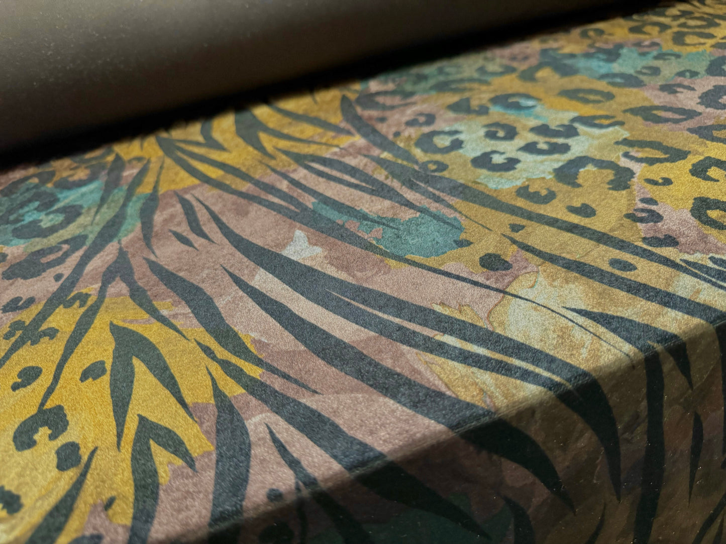 Spandex velvet stretch dress fabric, per mere - stylised animal print - mustard brown & teal